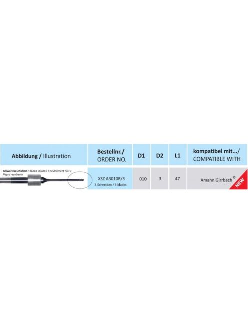 Horico XSZ A3010R,D1=10,D2=3,L1= 47,CAD/CAM AmannGirrbach,ZrO,PMMA,viasz,fekete